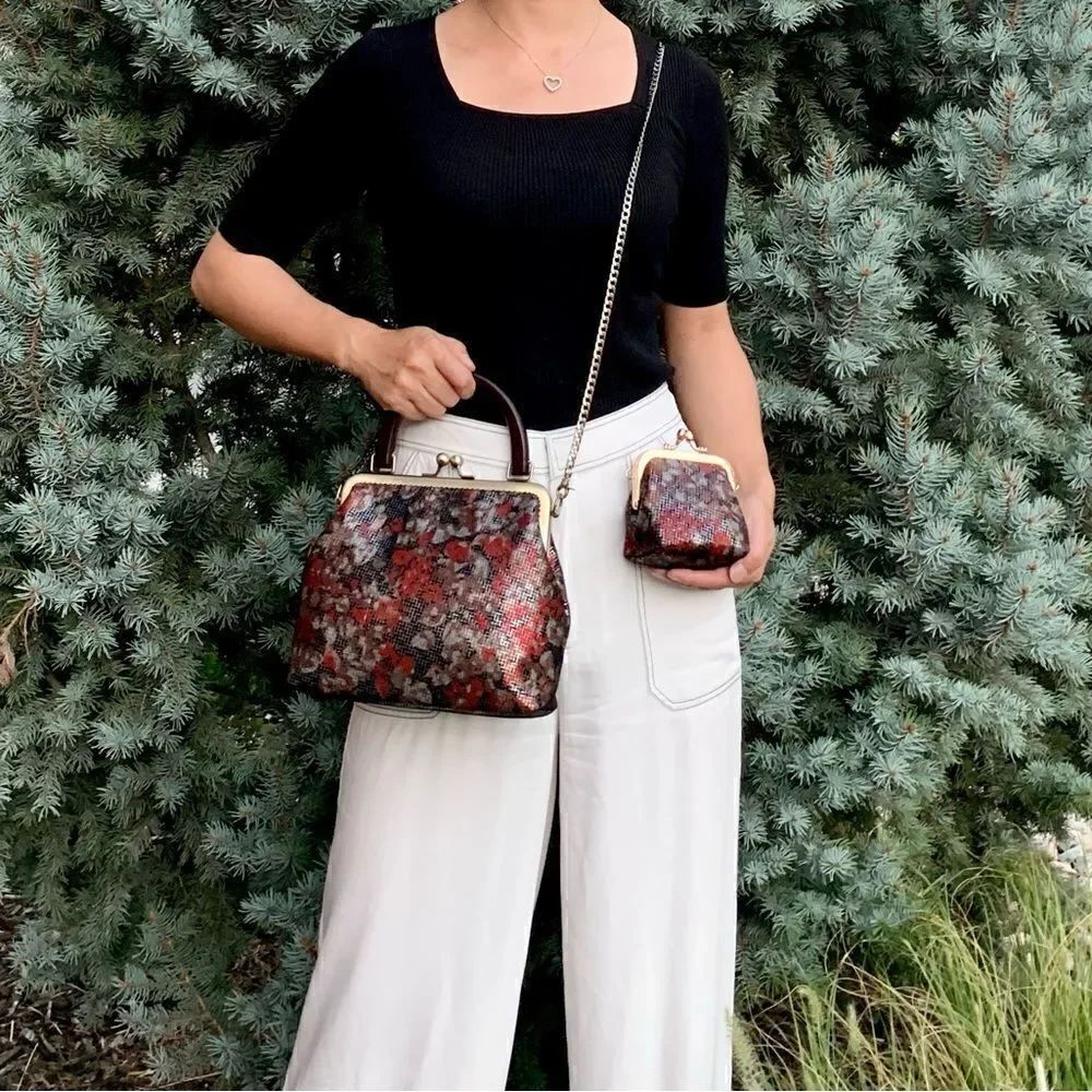 Handmade Genuine Sheepskin Floral Print, Wood Handle Bag & Small Clutch Set